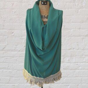 Judith March Turquoise Sleeveless Cowl Neck Loose Fit BohoTop Tassel Hem